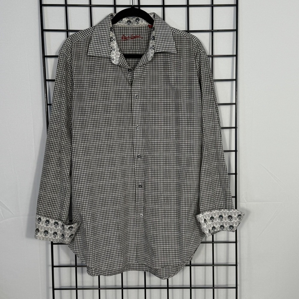 Robert Graham Gingham Plaid Shirt Mens L/XL (43-17) Black Skull Flip Cuff Stars